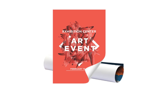 Art Event poster with the bottom right rolled up, rolled posted placed behind it  