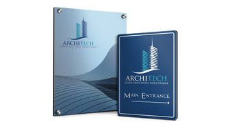 two blue architect business dibond signs on white background