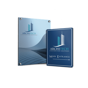 two blue architect business dibond signs on white background