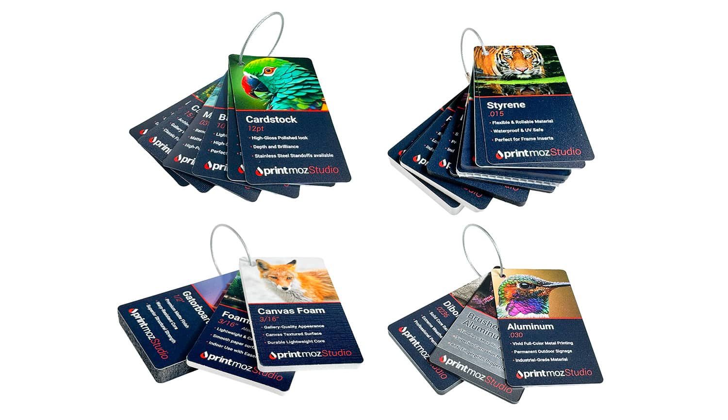 four bundles of different printed material swatches on white background