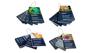 four bundles of different printed material swatches on white background