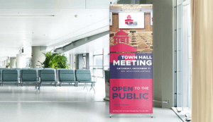 town hall meeting x banner stand near waiting area window