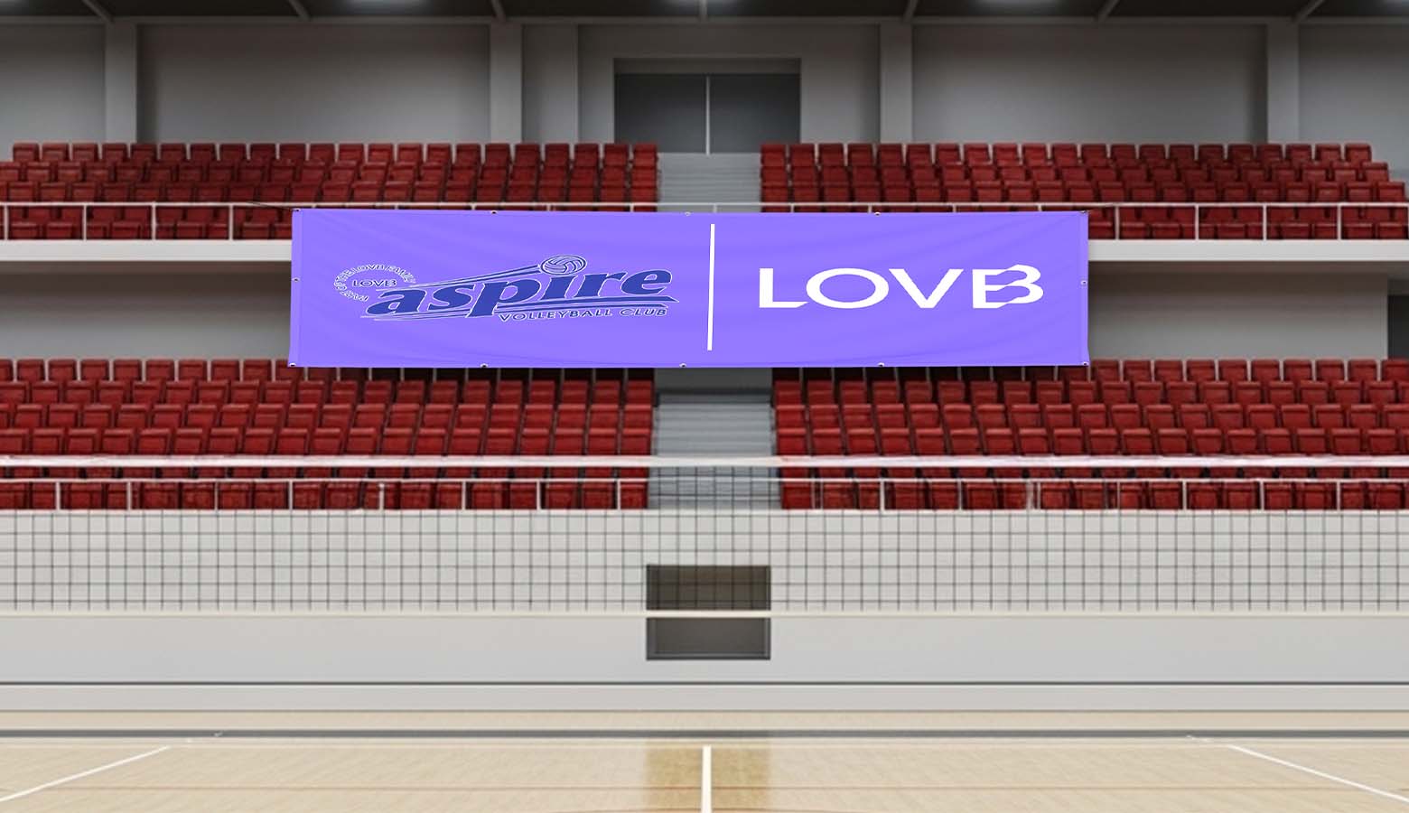 aspire team purple banner displayed on stadium seating second level edge
