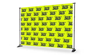 lovb volleyball neon yellow green step and repeat banner on white background