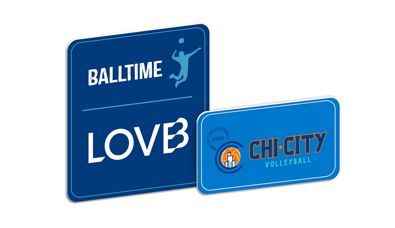two blue lovb pvc signs on white background
