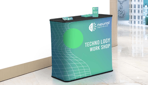 podium stand with marketing materials in hallway