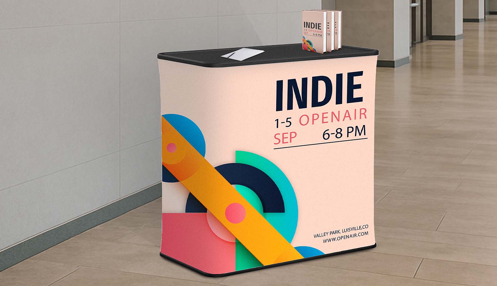 indie radio podium stand in hallway