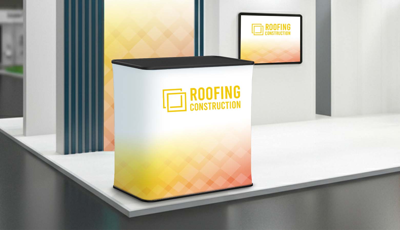 roofing construction podium stand at trade show
