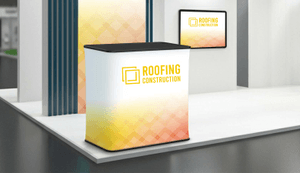 roofing construction podium stand at trade show