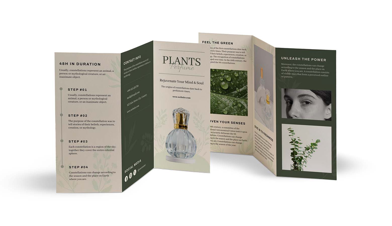 trifold fragrance flyers on white background