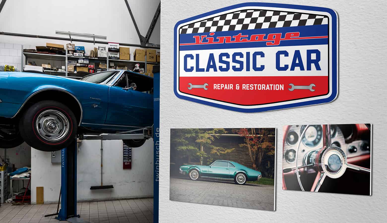 ultraboard signs on wall in car mechanic shop