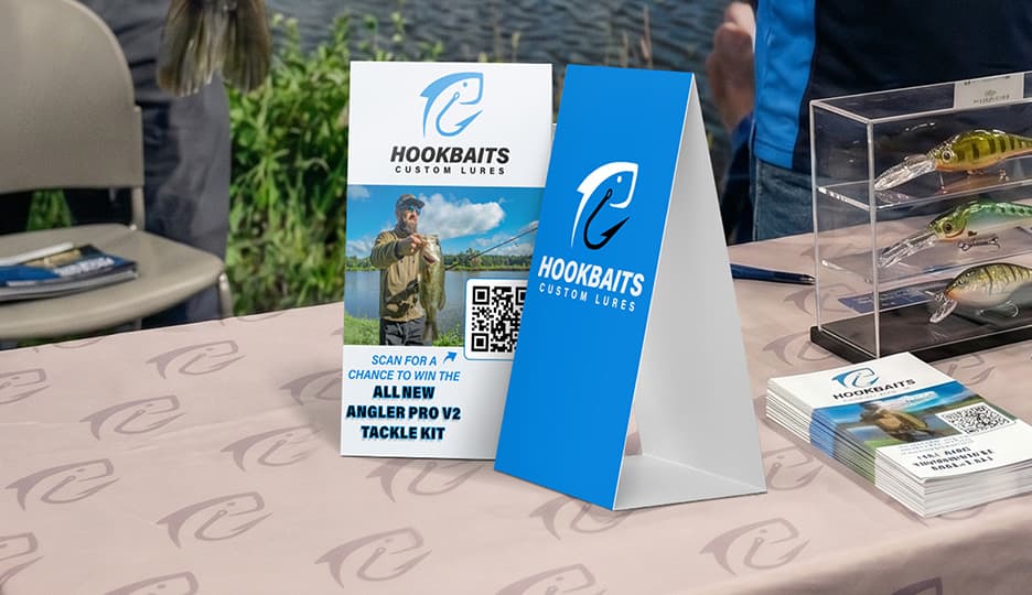 hook baits fishing lure branded table tents at trade show