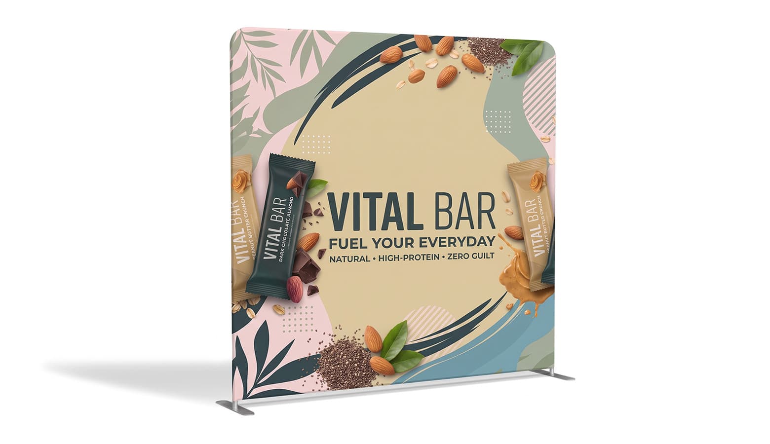 custom fabric backdrop with vital bar protein design