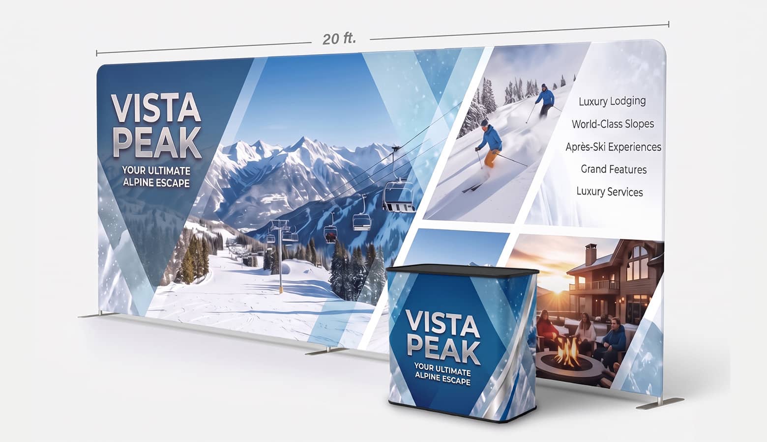 twenty foot custom backdrop display with podium for ski resort