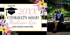 Black and White Stripes with Flowers Graduate with Photo Vinyl Banner Template