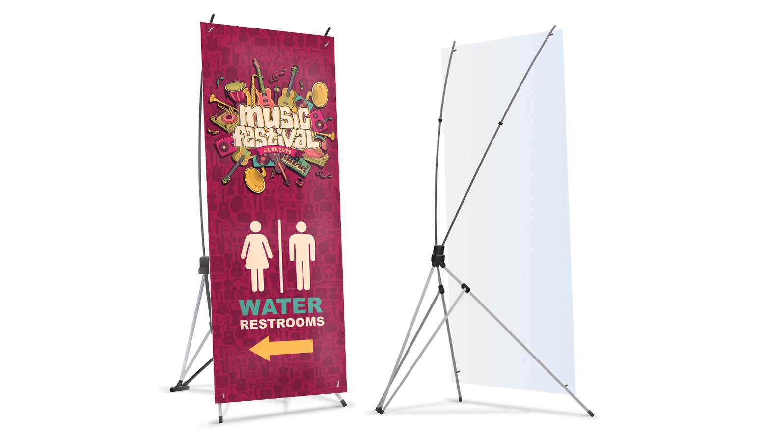 two music festival x banner stands front and back side on white background