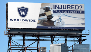 worldwide injury law firm billboard on top of building