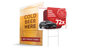 two coroplast business signs on white background