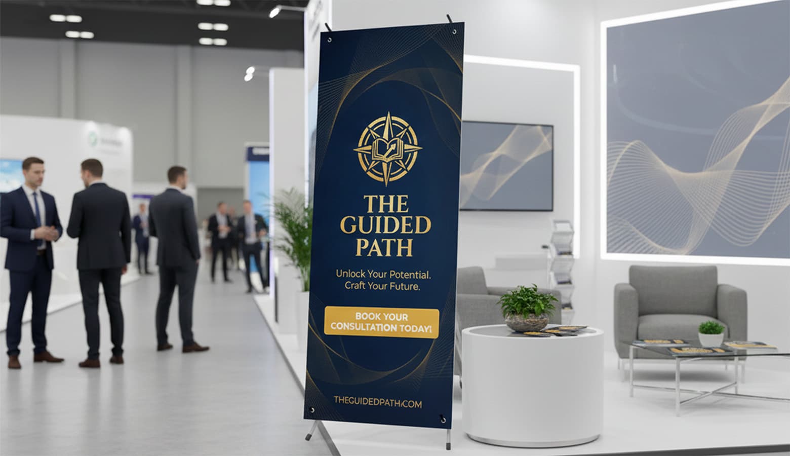the guided path x banner stand on display at convention
