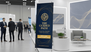 the guided path x banner stand on display at convention