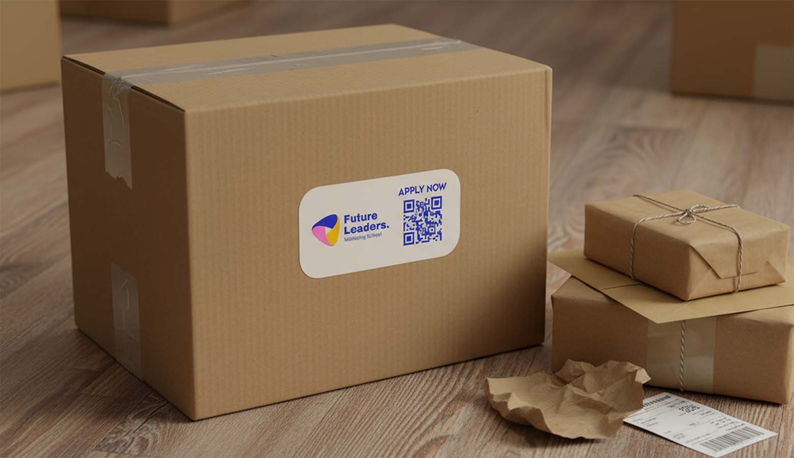 future leaders marketing qr code sticker on shipping box
