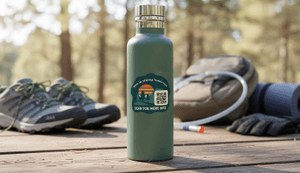 hiking club qr code sticker on water flask outdoor hiking setting