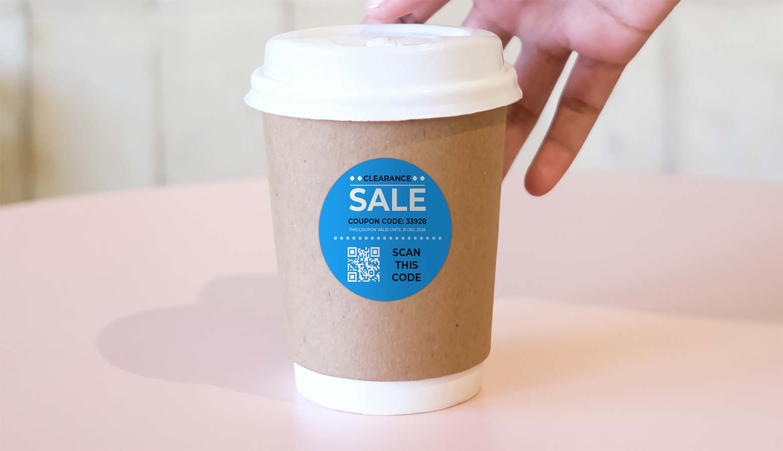 blue circle sale qr code sticker on coffee cup