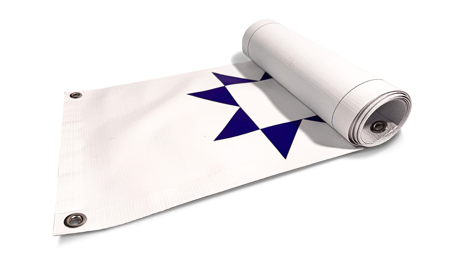 rolled up white banner with blue design on white background
