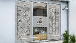 coffee house window with branded frosted vinyl design on window