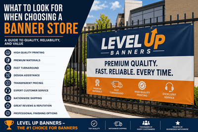 Professional blog header image showing a large custom vinyl banner installed on a commercial fence. The graphic highlights key factors to consider when choosing a banner printing company, including print quality, premium materials, fast turnaround, design assistance, transparent pricing, customer service, nationwide shipping, and reputation. A branded Level Up Banners display emphasizes premium quality, reliability, and professional banner printing services.