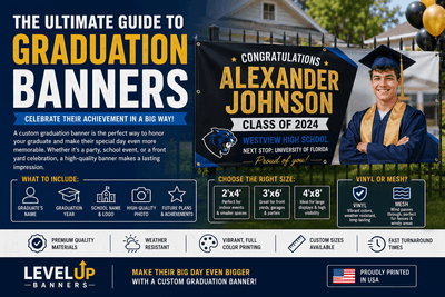 Educational graduation banner guide graphic from Level Up Banners featuring a custom graduation banner with a graduate's photo, recommended banner sizes, material comparisons between vinyl and mesh banners, and tips for creating a memorable graduation celebration display.
