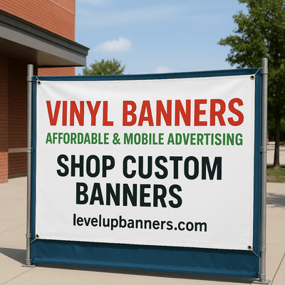 Vinyl banner displayed outdoors with text promoting affordable and mobile advertising by LevelUpBanners.com