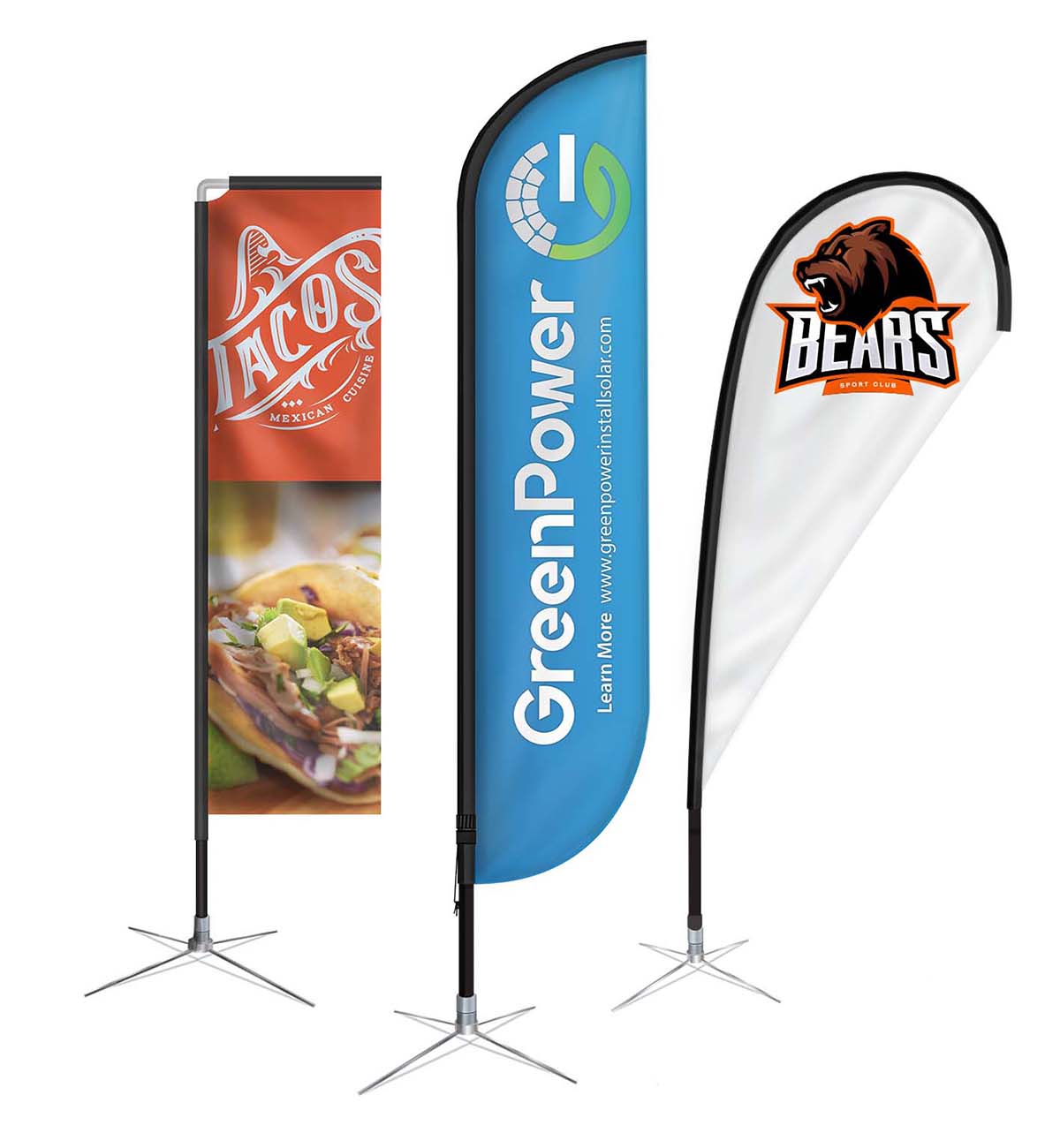 three advertising flags different styles on white background