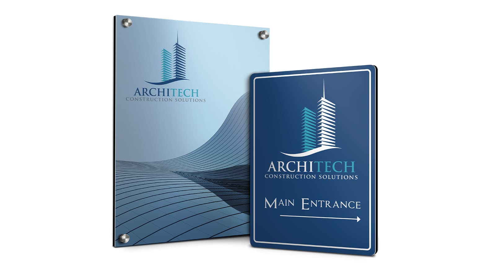 two blue architect dibond signs on white background