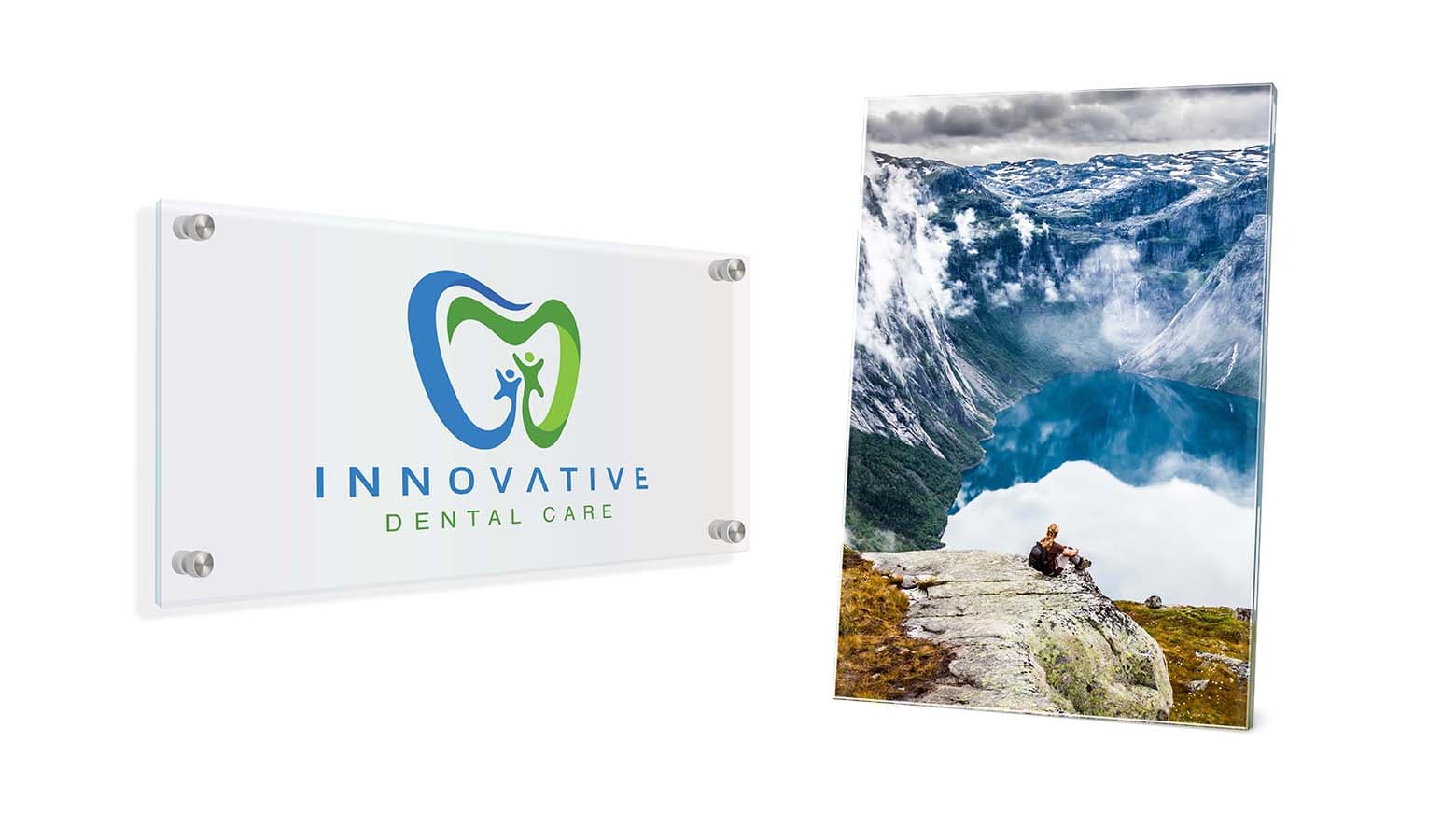 two examples of acrylic signage on white background