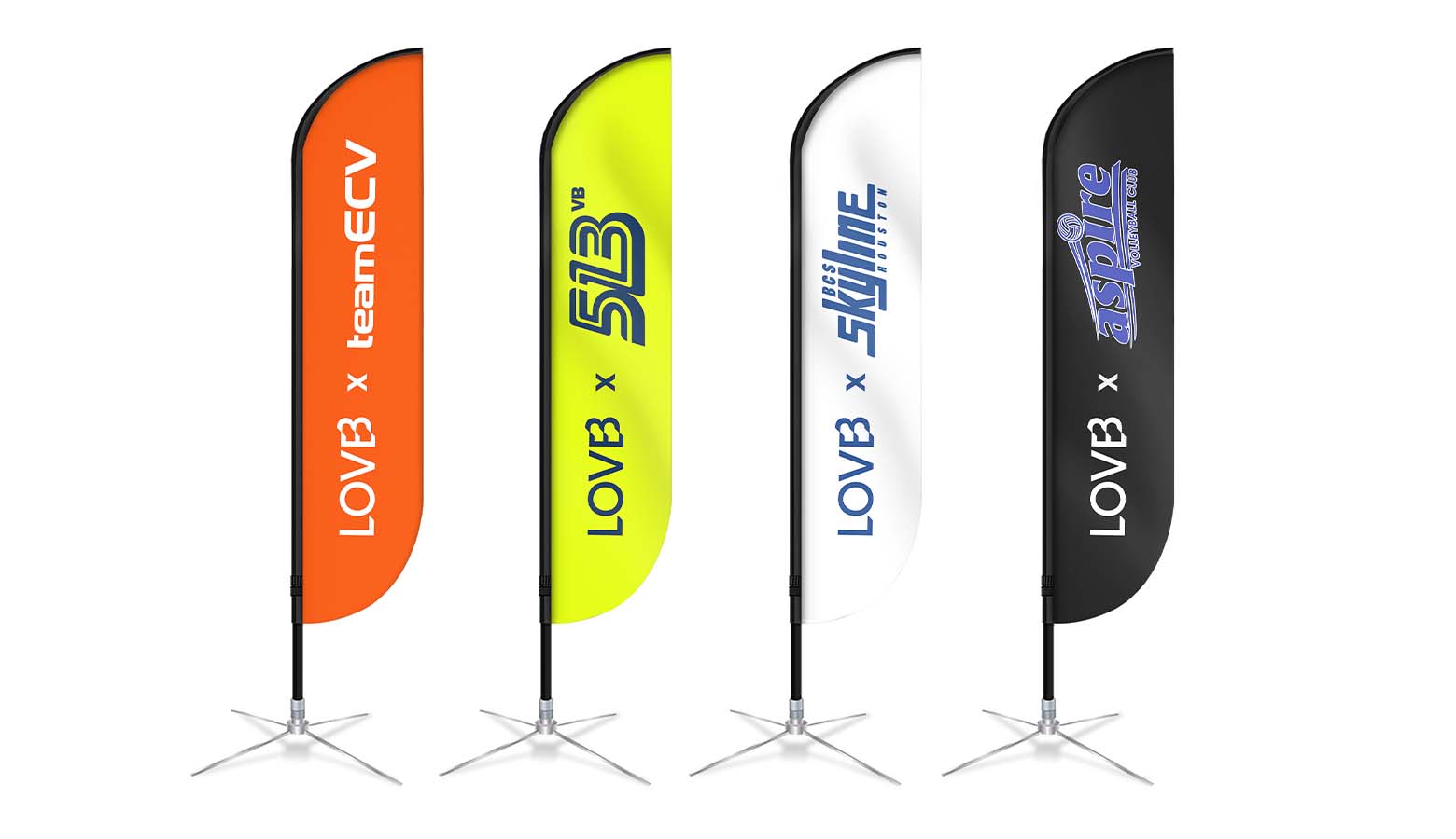 four different colored lovb volleyball feather flags on white background