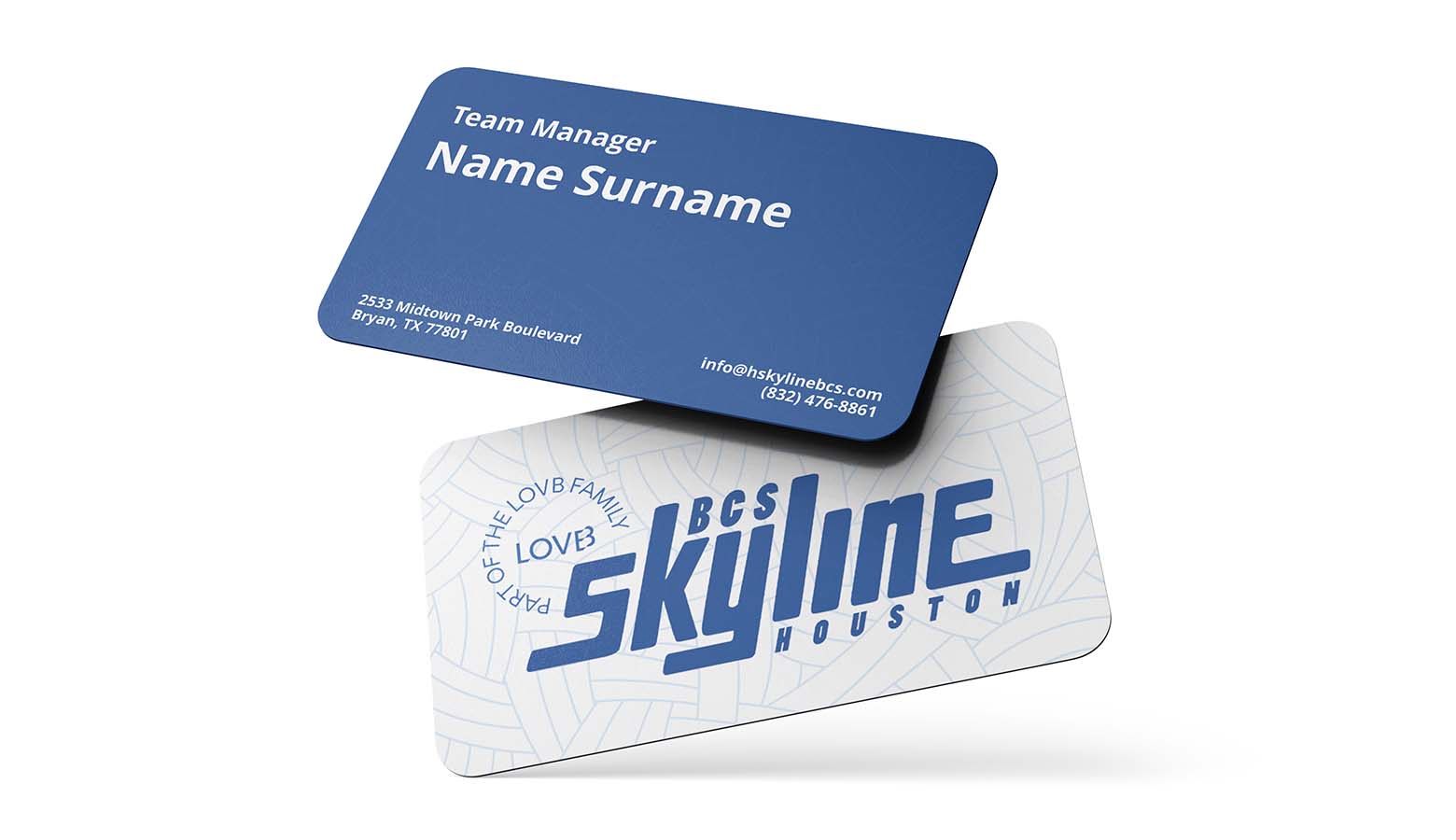 skyline blue and white business cards falling action shot on white background
