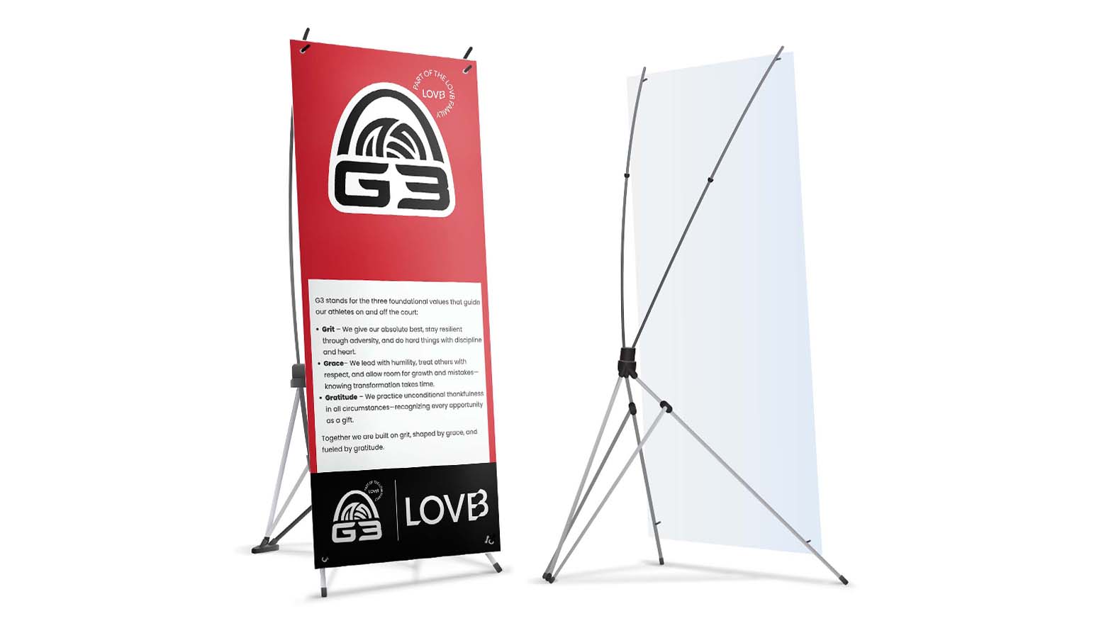 yellow lovb x banner stand