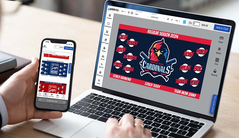 business man designing a baseball team banner on laptop and viewing templates from phone