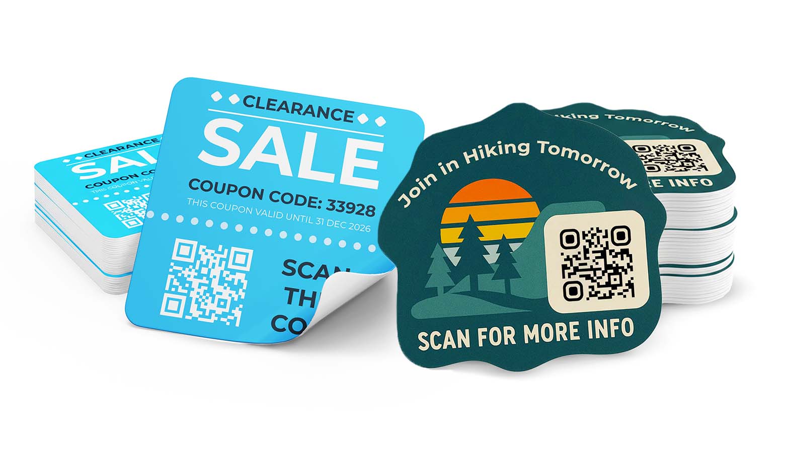 scan our website qr code sticker stack and a hiking group sticker stacked on white background