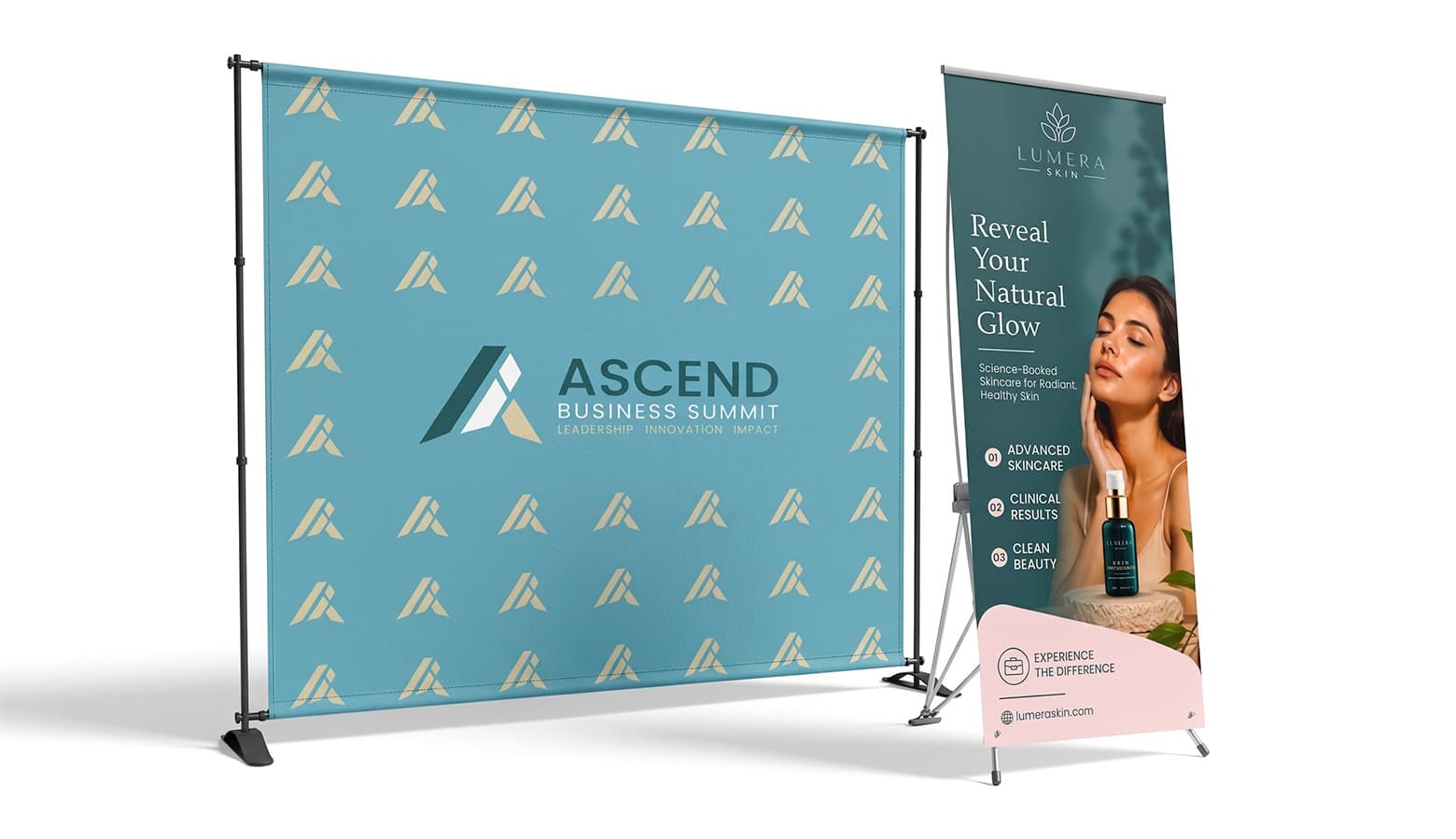 step and repeat banner and x banner on white background