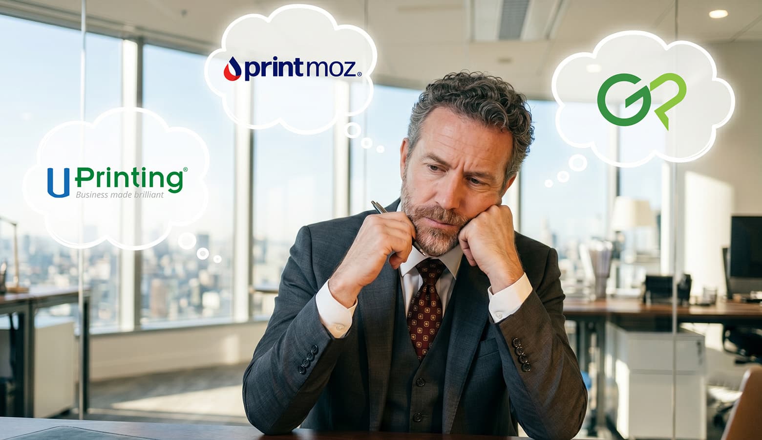 man in deep thought deciding between three different printing companies