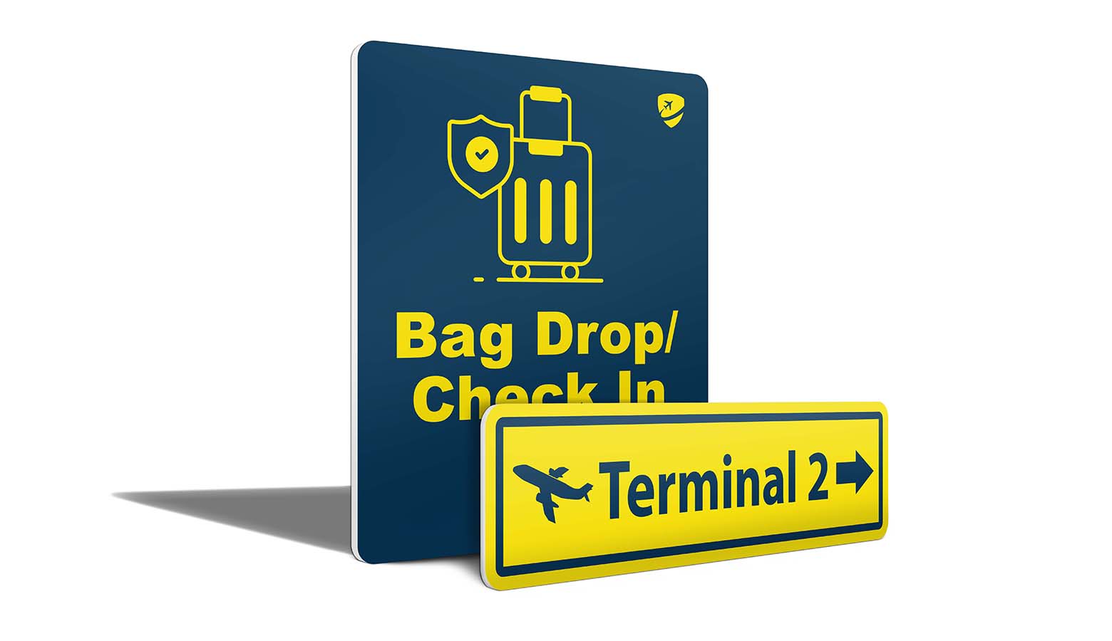 Blue Bag drop check sign with yellow fonts with a yell terminal direction sign with blue fonts an arrow