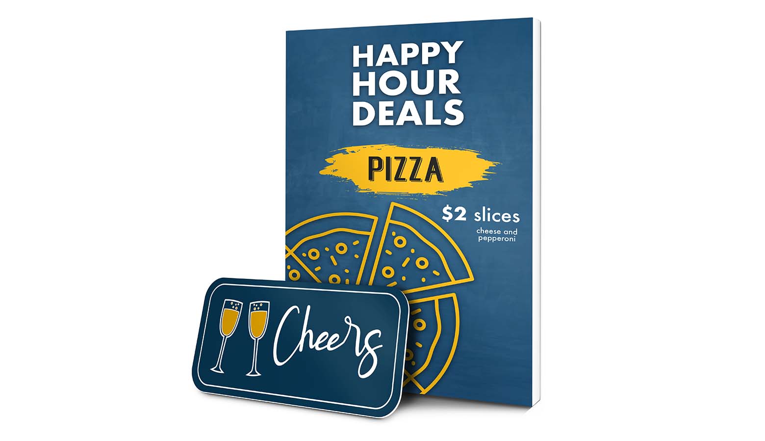 happy hour deals pizza plastic signs side by side
