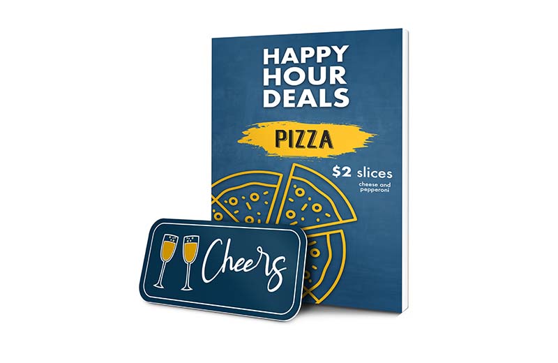 Happy hour pizza deal sign with a cheers photo booth prop in front