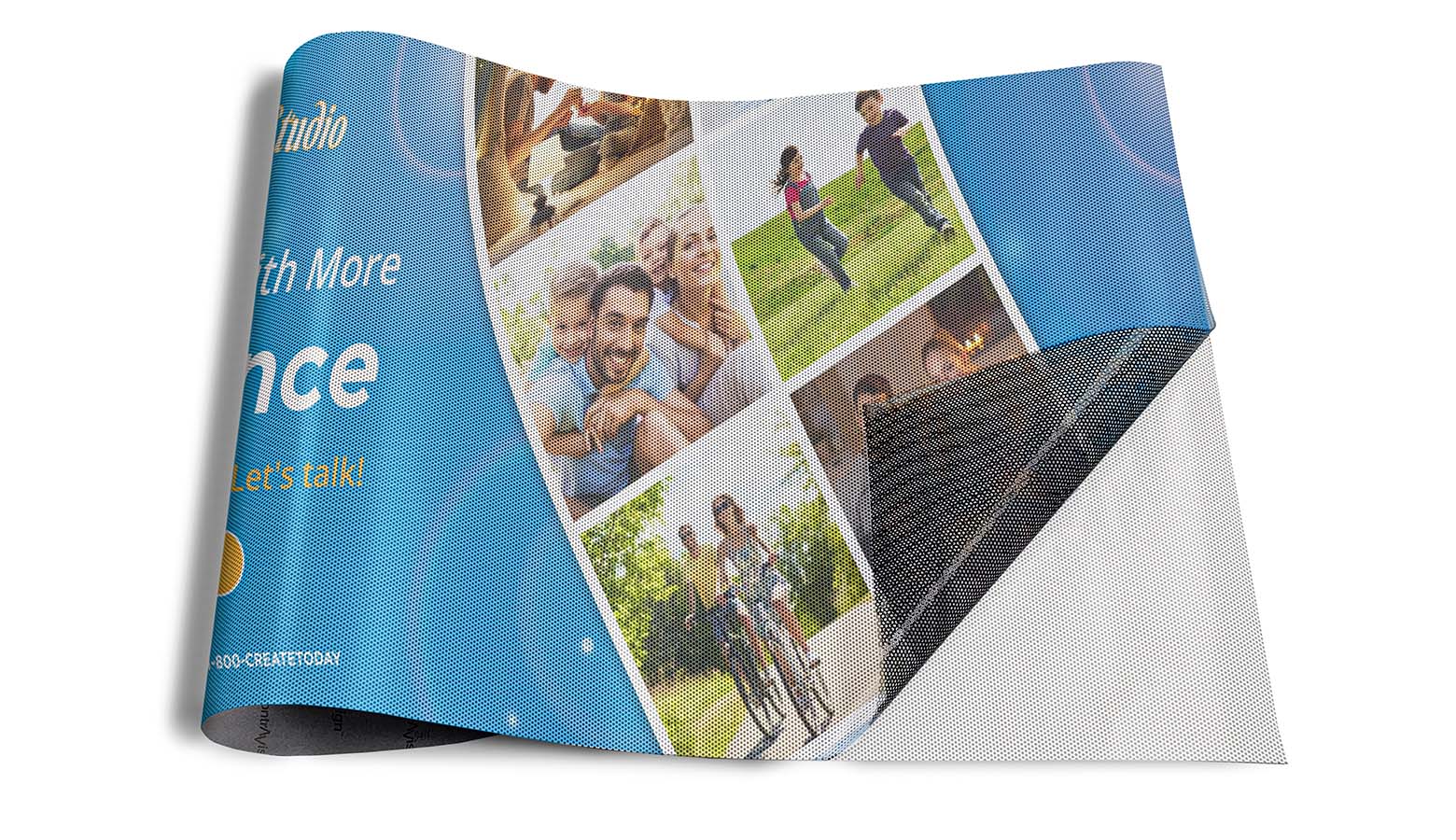 Perforated vinyl rolled with the bottom right corner peeled back at a 45 degree angel separated from the paper backing