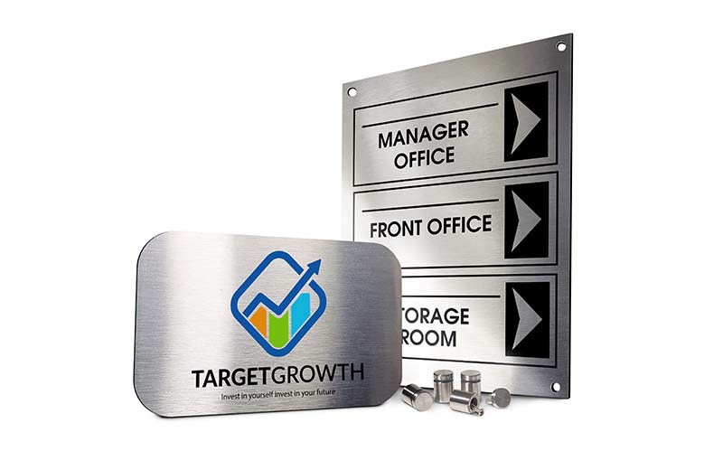Target Growth and way finding brushed aluminum signs with standoffs