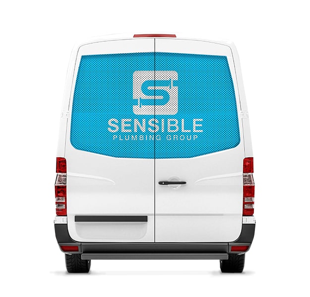 Sensible pluming group graphics installed on rear window of a cargo van