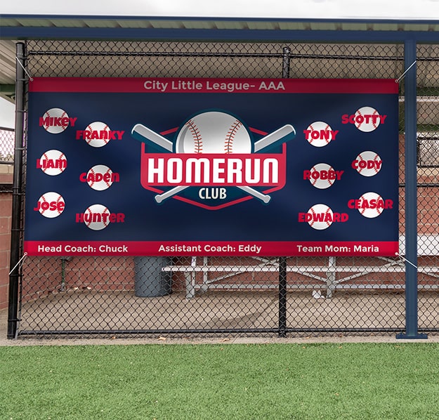 little league baseball team banner hanging on dugout fence