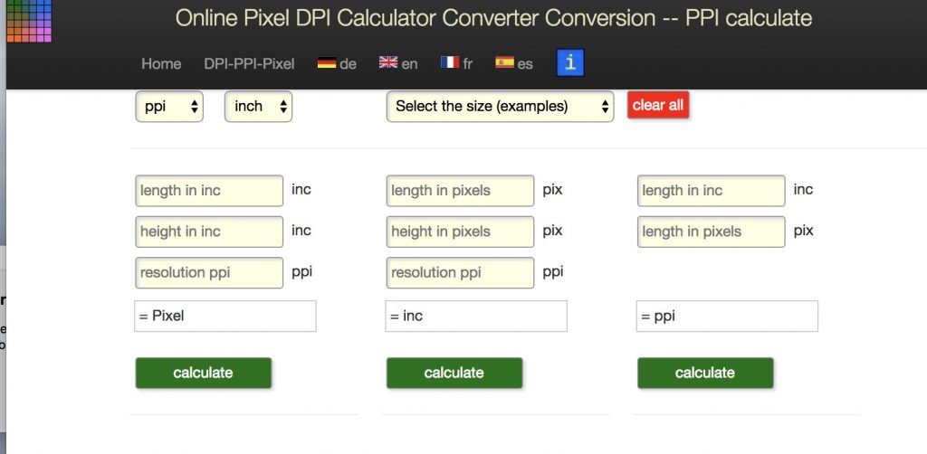 online pixel calculator screenshot